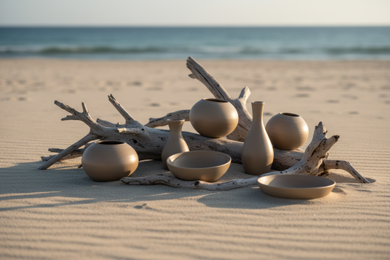 Outdoor pottery beach driftwood